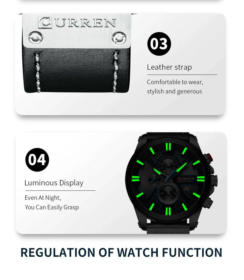 CURREN Men’s Quartz Chronograph Watch Black Leather Strap Luminous Waterproof
