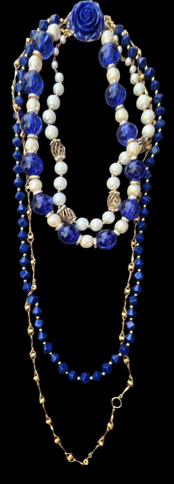 Vintage Upcycled 4 Strand Beaded Necklace. Blue An Gold
