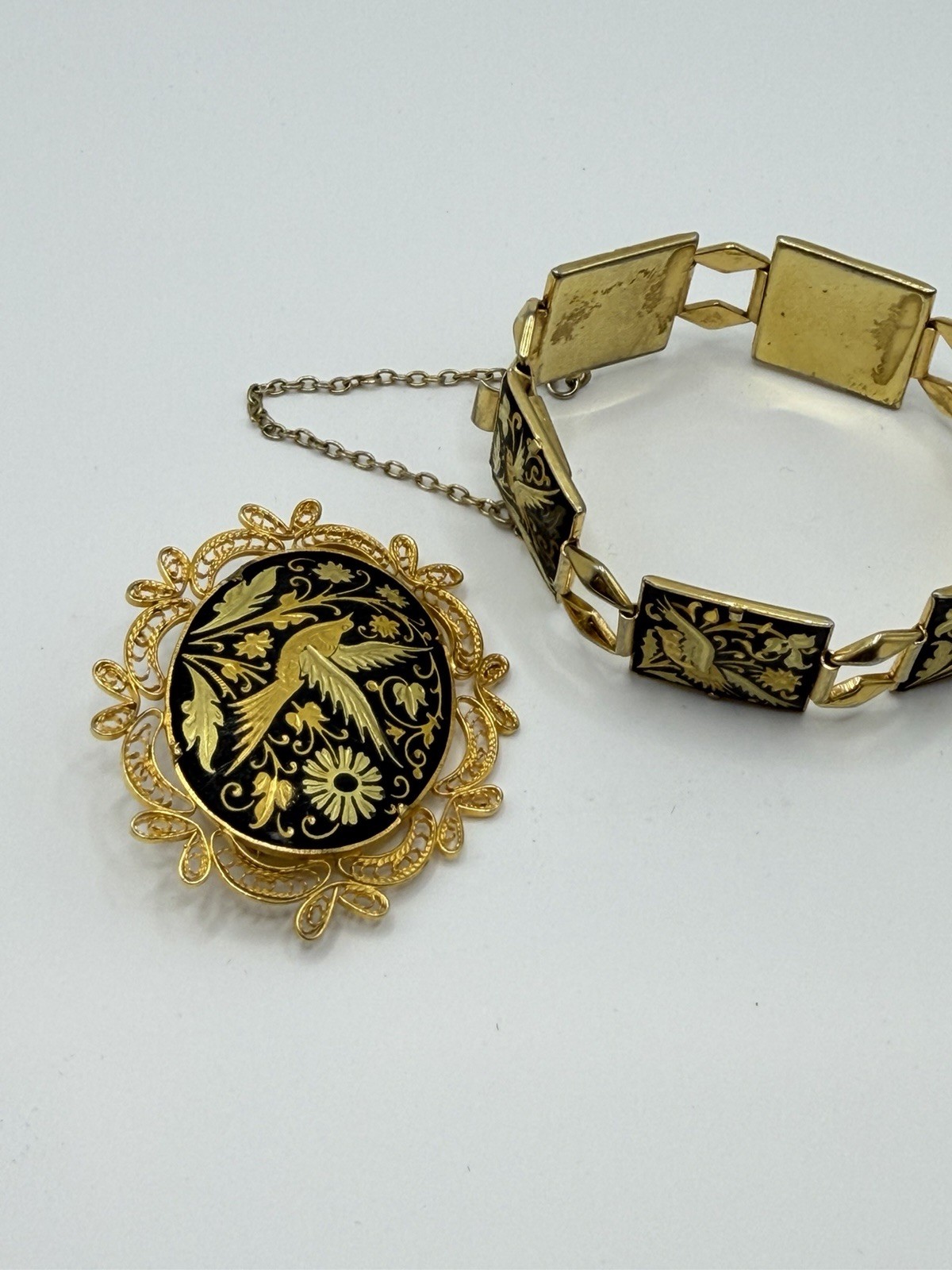 Vintage Spanish Toledo Damascene Jewelry Set Bracelet & Brooch Black Gold
