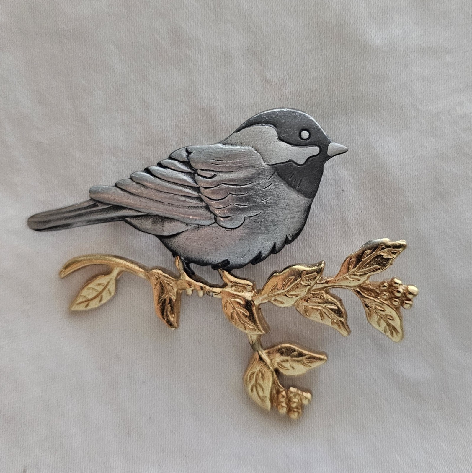 Vintage Signed Shields Pewter Bird On Branch With Gold Tone Accent Brooch 2”