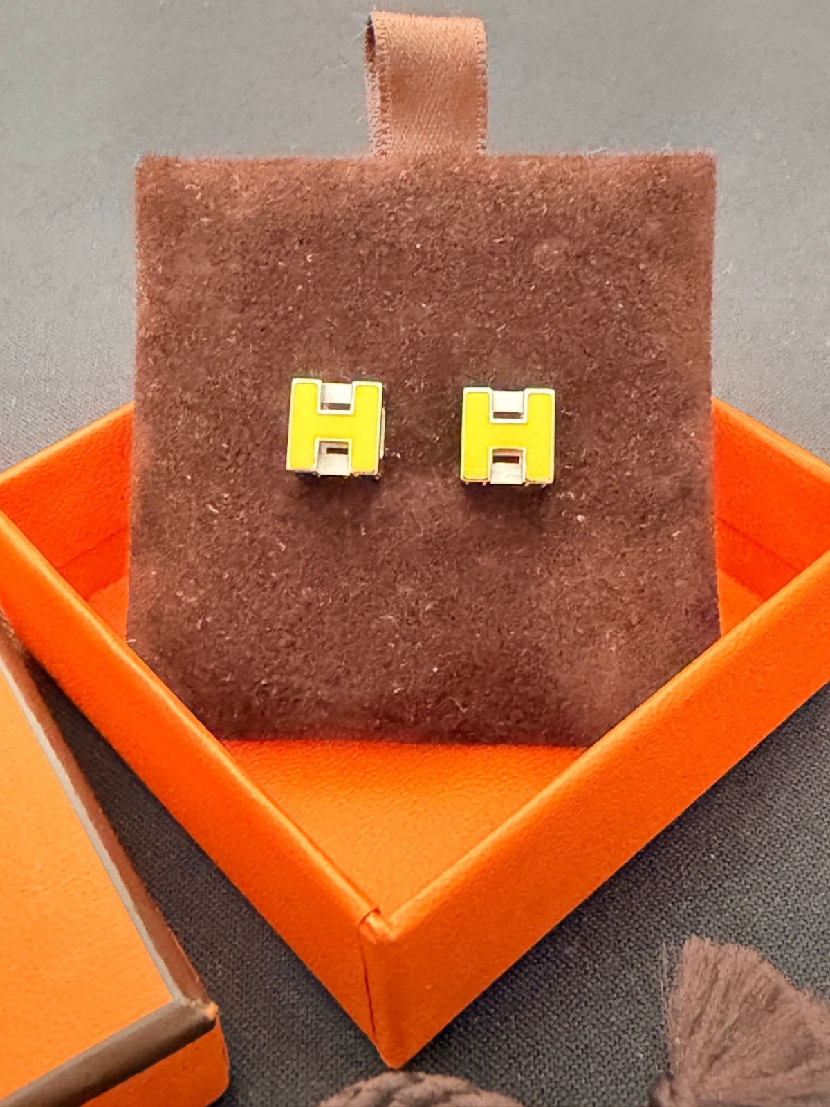 AUTHENTIC Hermes d’H cage earrings silver hardware in YELLOW RARE