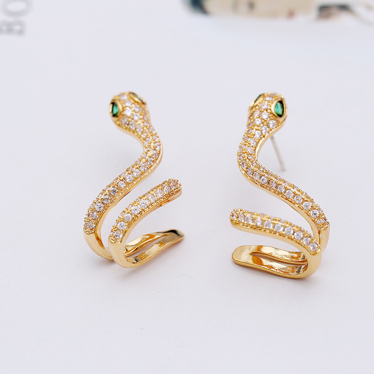 Sterling Silver Sparkling CZ Snake green eyes Stud earring ear cuff climber PE37