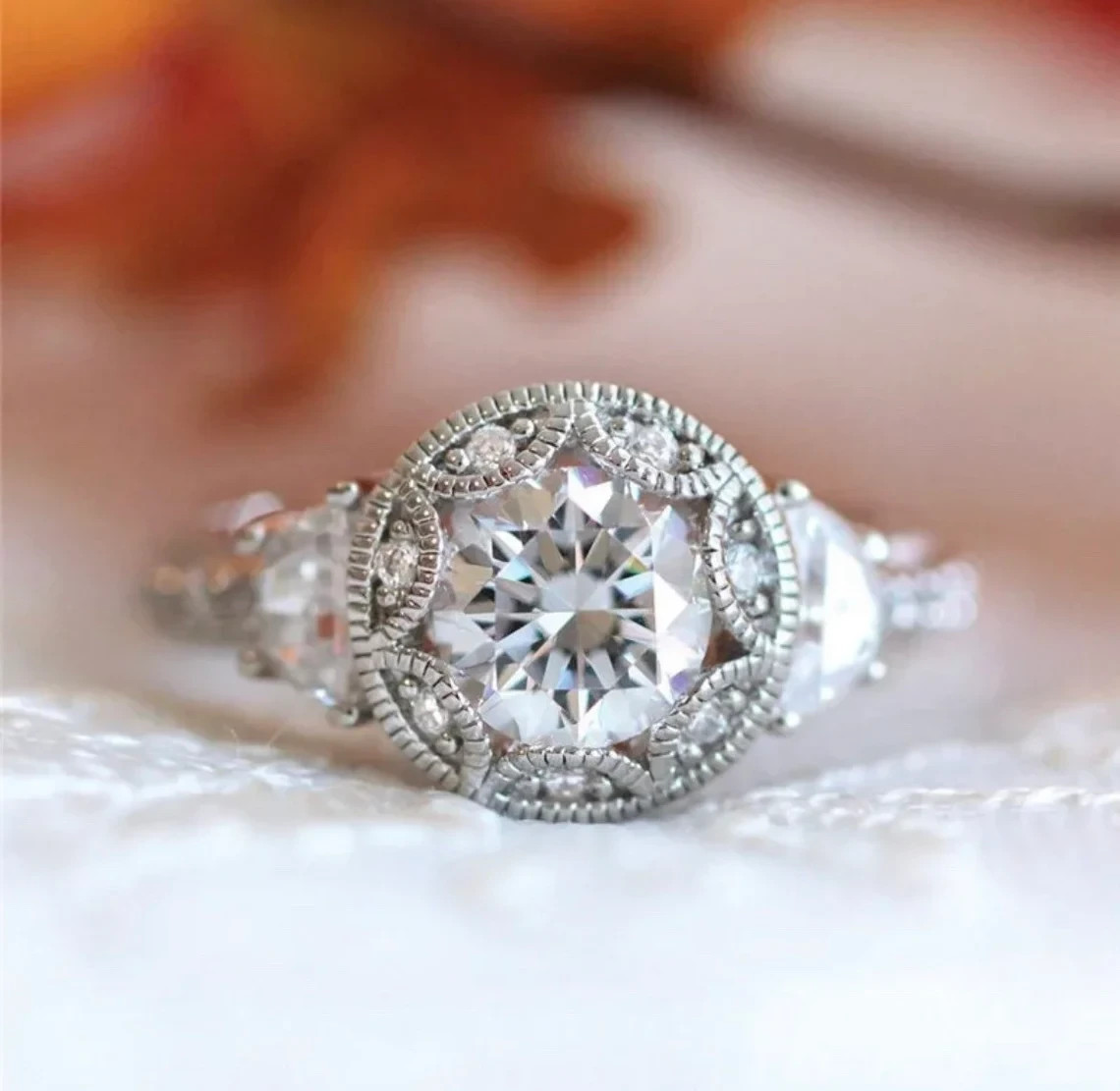 Art Deco Style Round Cut Lab Created Diamond 14K White Gold FN Engagement Ring