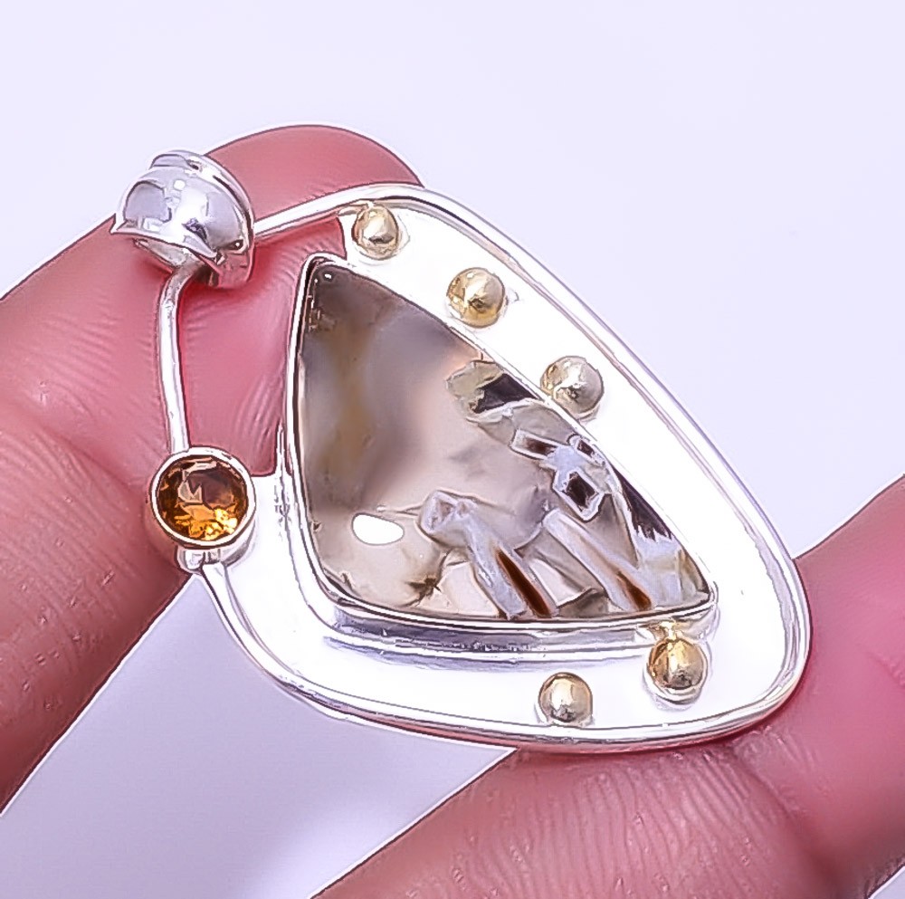 Stick Agate & Smoky Quartz 925 Sterling Silver Two Tone Pendant 1.76″ A330
