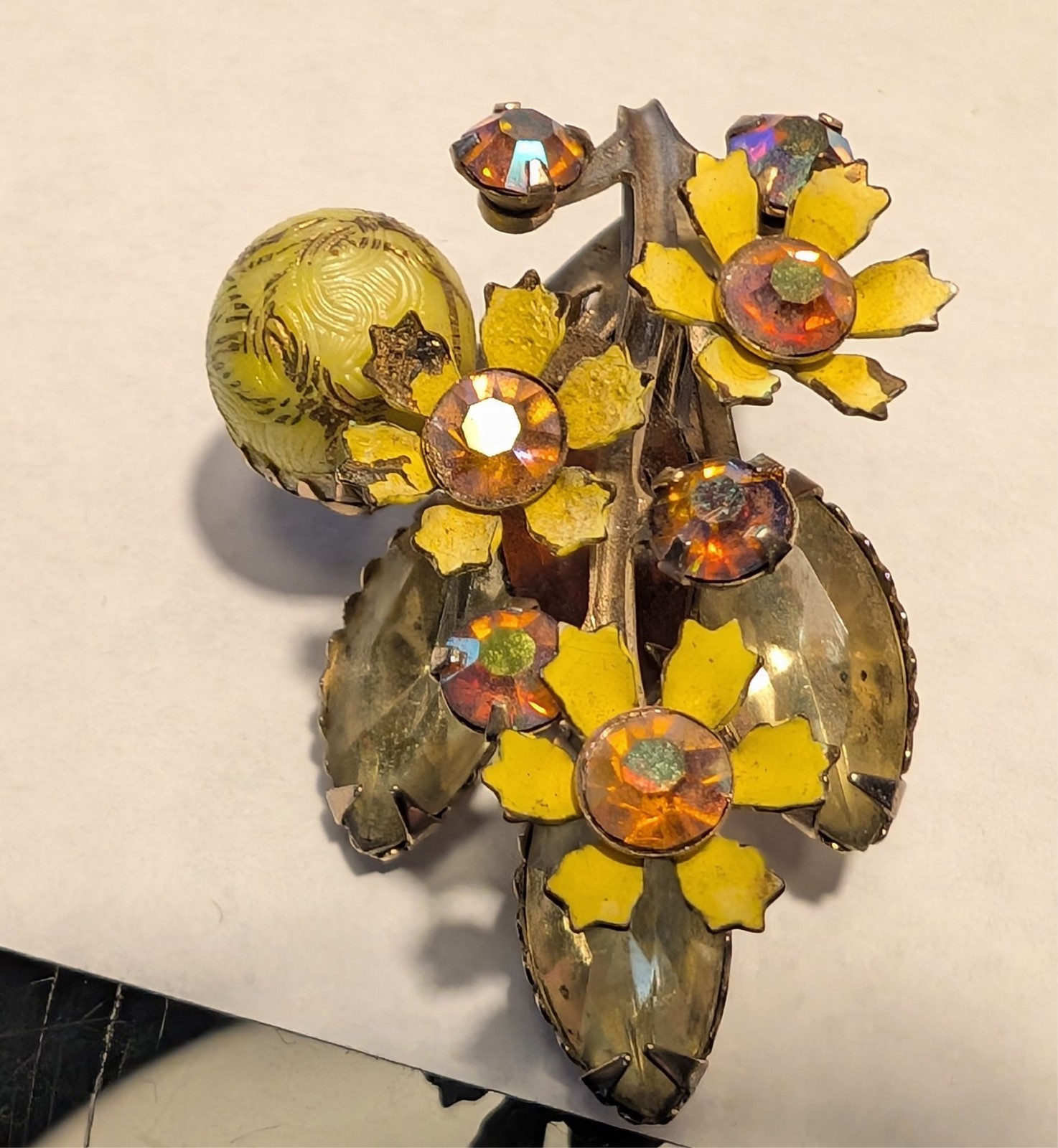 1950s yellow enameled flowered clip on earings with aurora borealis rinestones