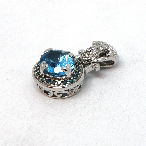 14k White Gold Blue Zircon & Diamond Pendant