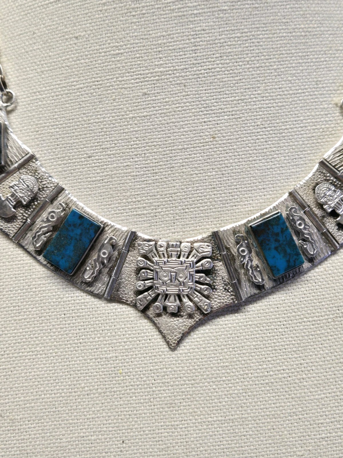 Sterling Silver Turquoise AZTEC MAYAN Paneled Collar Necklace 50g