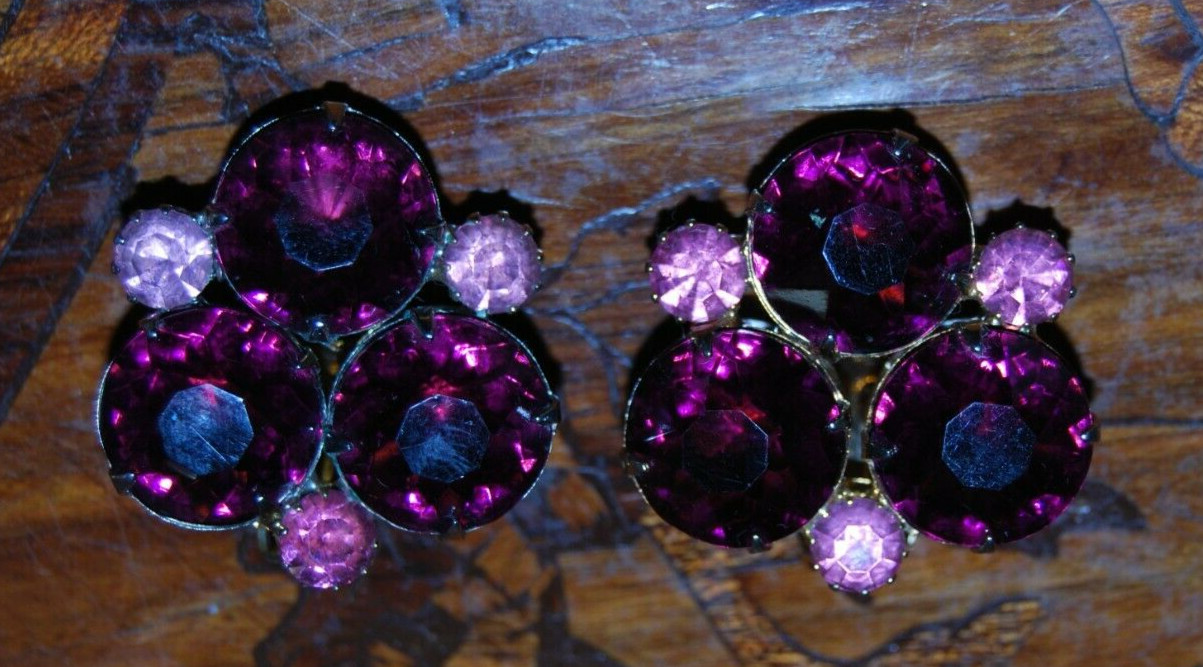 ELEGANT VTG RHINESTONE COUTURE DEEP RED & PINK CRYSTALS GOLDEN CLIP-ON EARRINGS