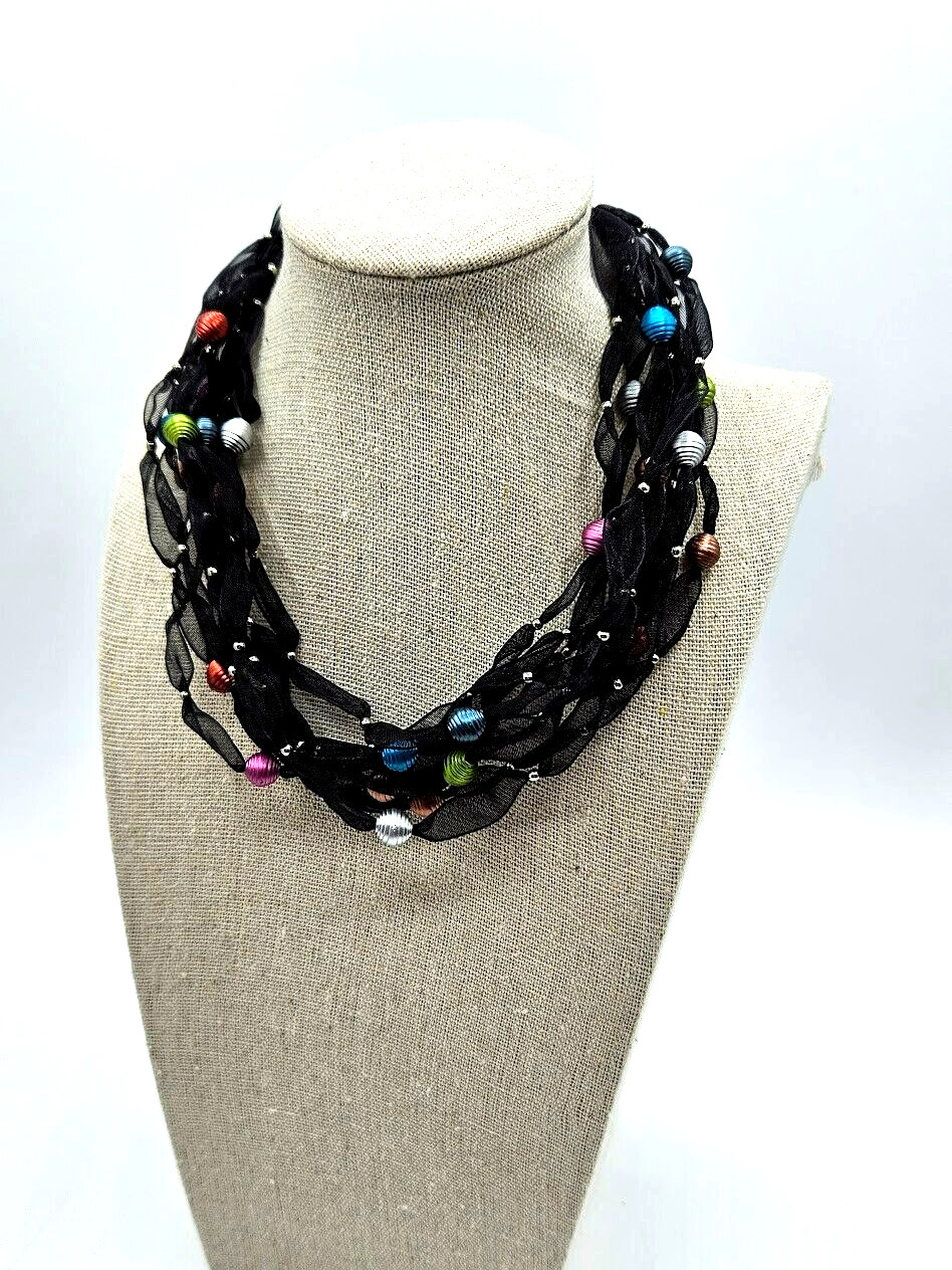Black Laced Necklace 9 Strands SilverToned Dainty Beaded Cluster Multicolor 16″