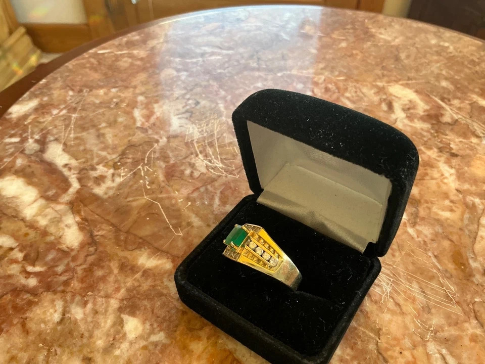 AAA 1.50CT Emerald Cut Natural Emerald & Diamond Men’s Gift Ring 14K Yellow Gold