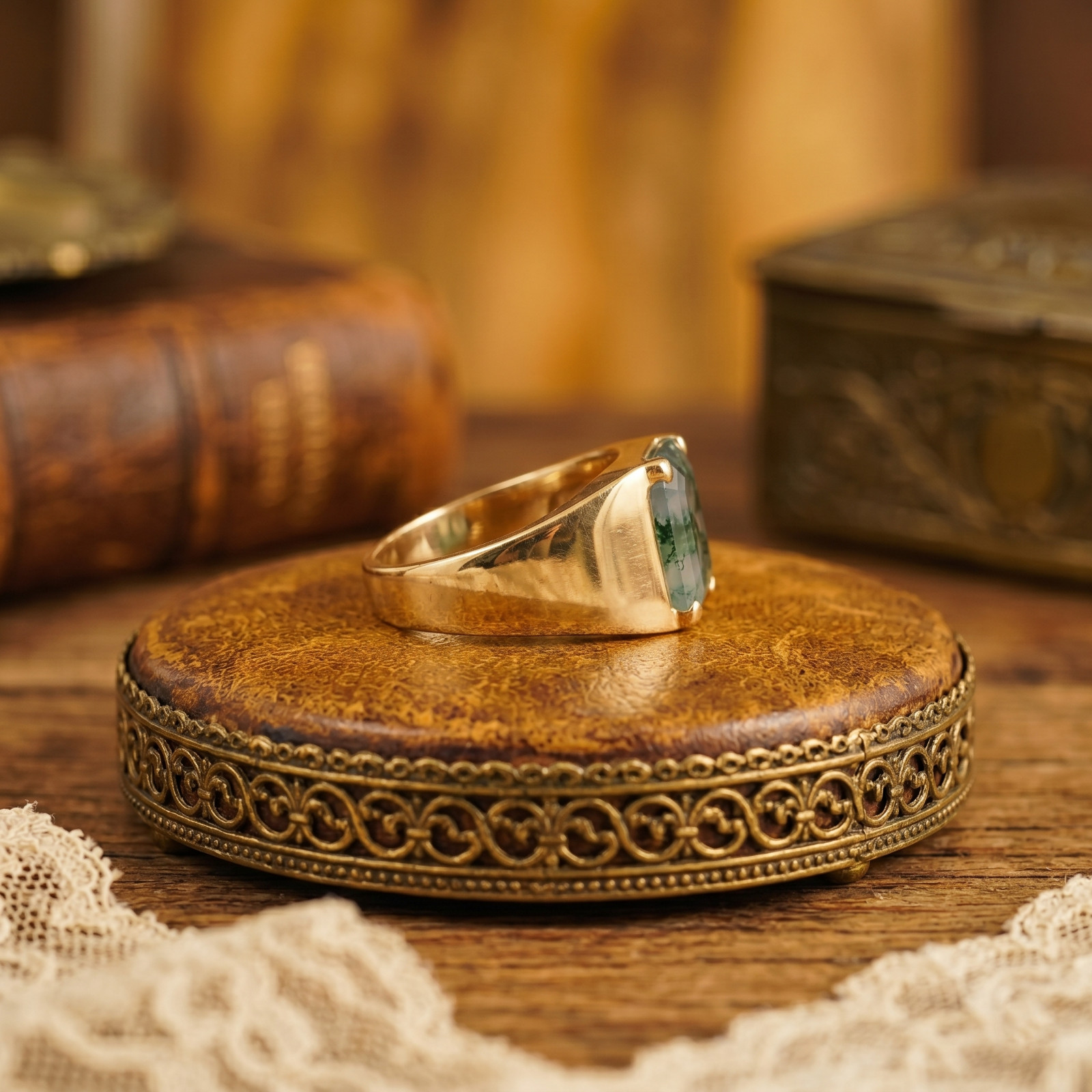 GREEN MOSS AGATE MENS RING SIGNET RING GOLD PLATED SILVER RING PROMISE RING GIFT