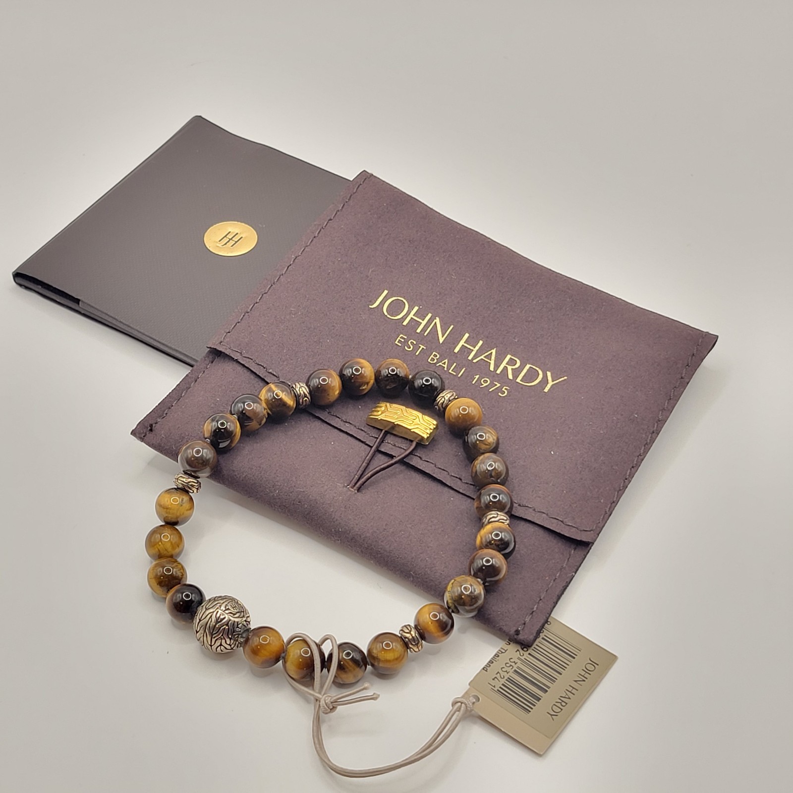 JOHN HARDY Men’s Sterling Silver Bead BRACELET w/8mm Tiger Eye Pusher Clasp SZ L