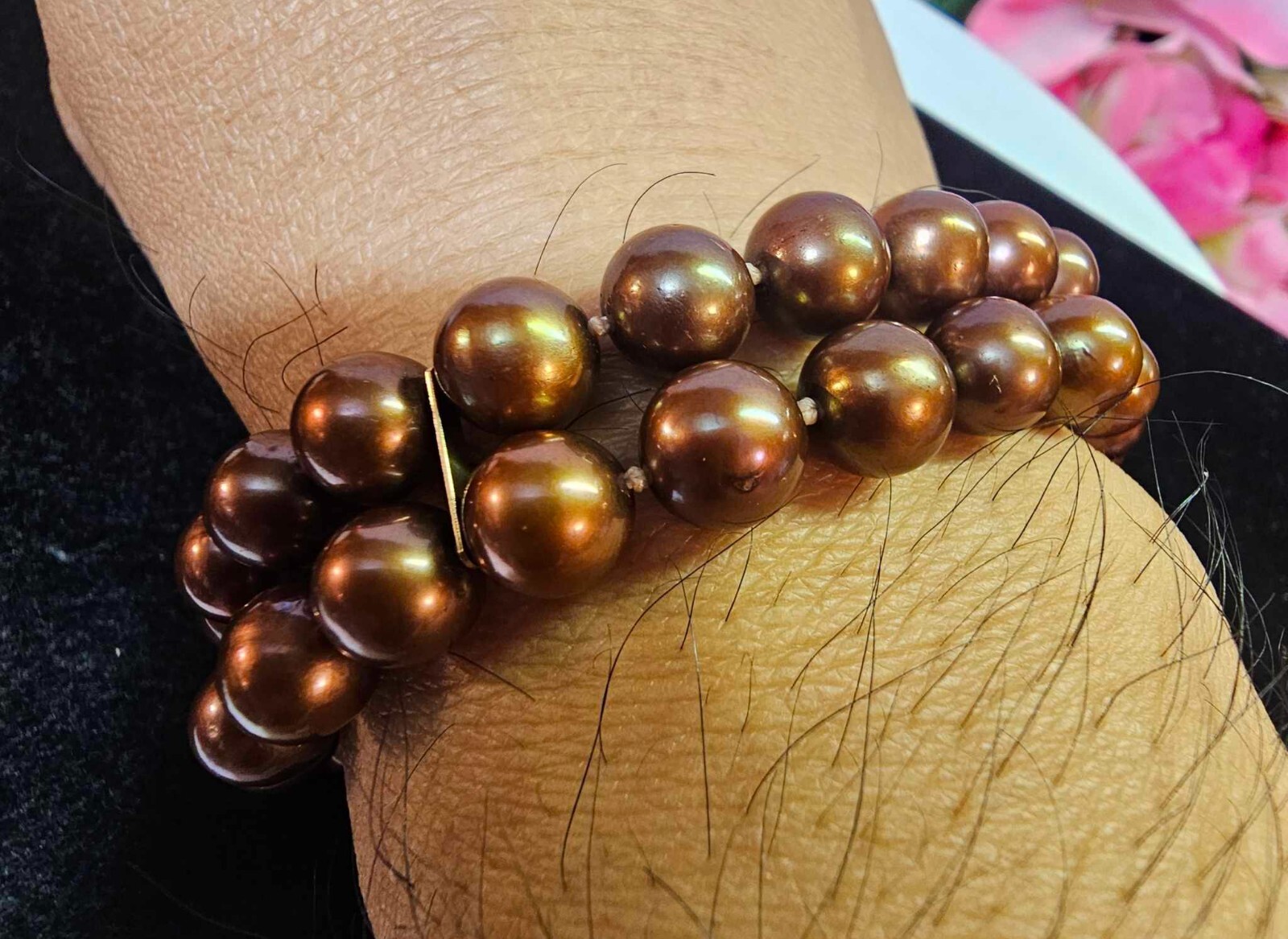 Marked 14K Flower Clasp Double Strand Bracelet w/ Brown Pearl 8.25in”- S37