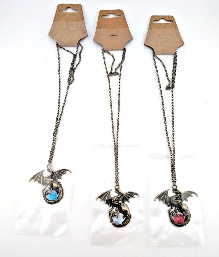 DRAGON & GLASS HEART BRONZE PENDANT NECKLACE gothic fantasy wyvern love charm E2