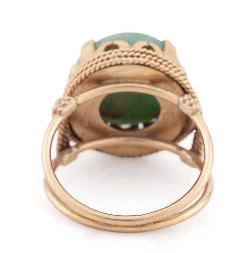 Mondia 18K Gold Jadeite Cabochon Ring 13.7mm Green Jade Vintage Size 8