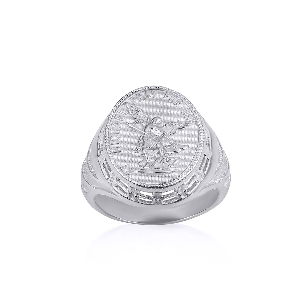 Gold Religious Patron Saint Michael Archangel Beaded Oval Signet Ring