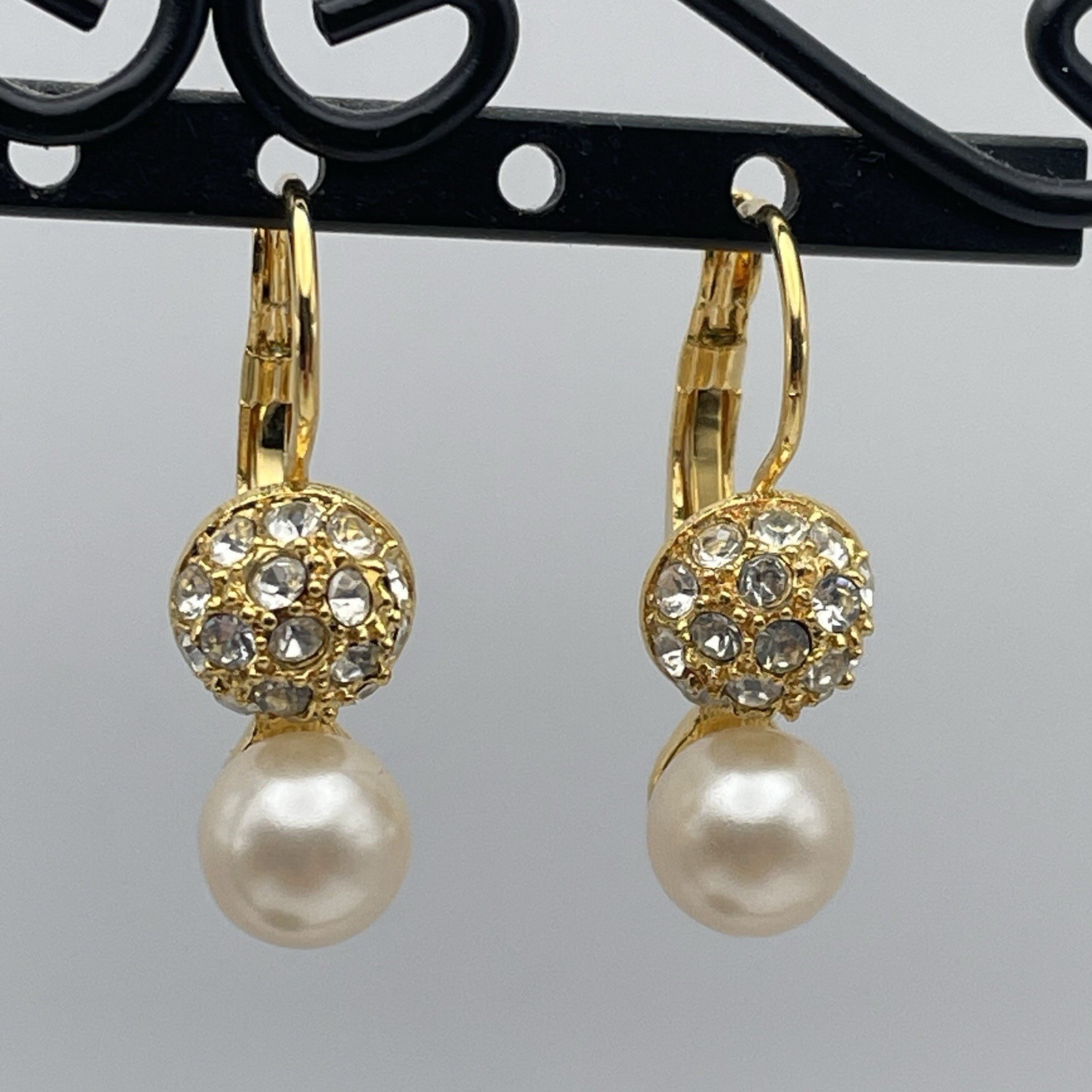 Bijoux Terne Pave Stud Faux Pearl Gold Tone Lever back Pierced Earrings NEW