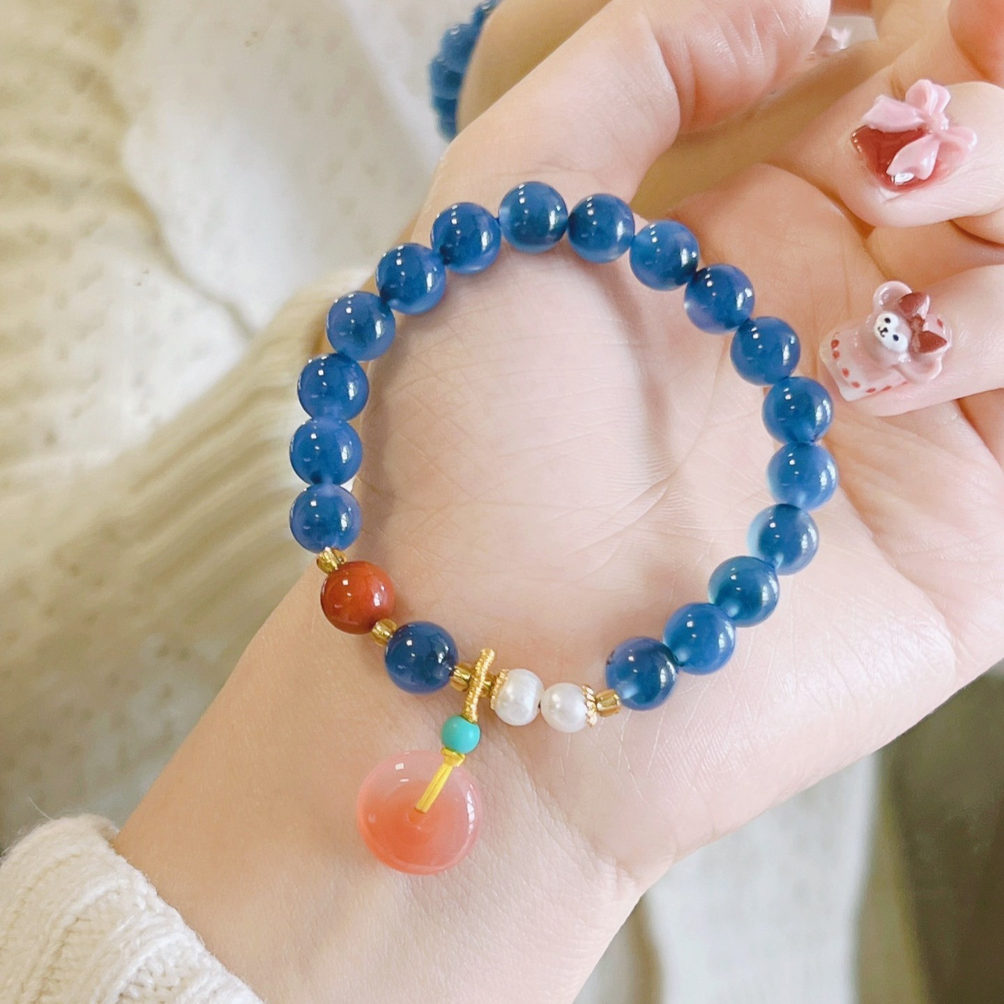 8mm Natural Blue Agate Safety Buckle Handmade Bracelet