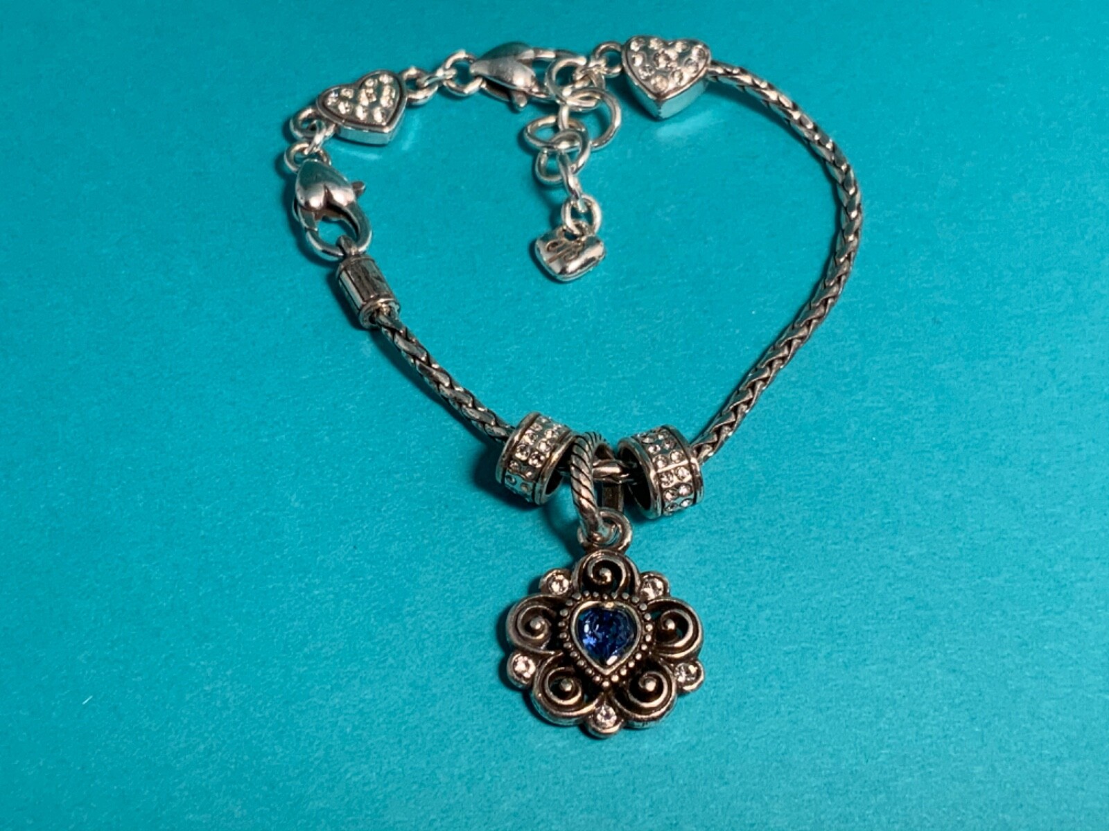 🌸 Brighton Silver Crystal Heart Charm Bracelet With 3 Charms (B23) 🌸