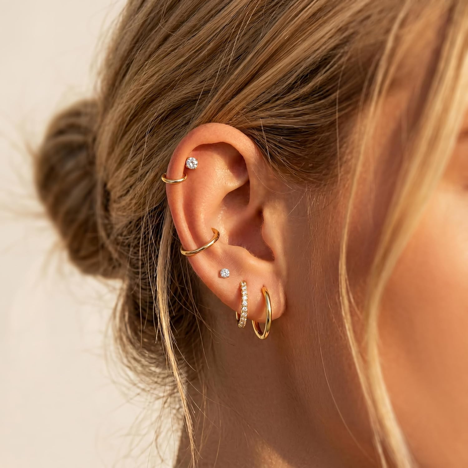 Small Gold Huggie Hoop Stud Earrings Set for Women Stack, Flat Back 316L Hypoall