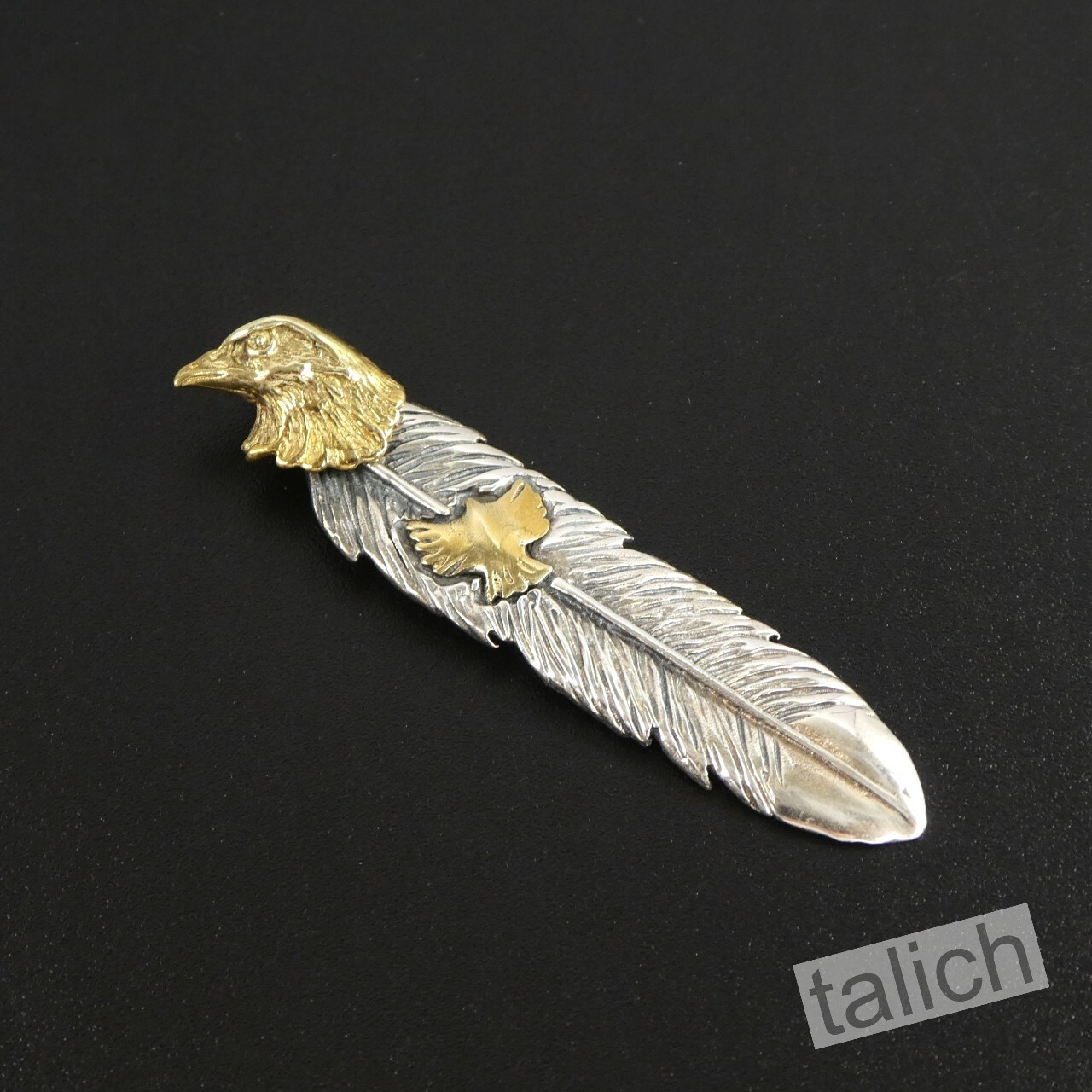 925 Sterling Silver Feather with Shiny Brass Eagle Head Pendant Great Details
