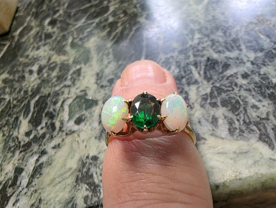 Antique Trilogy Ring Vibrant Opals and Deep Green Center Stone 10k Gold Superb!