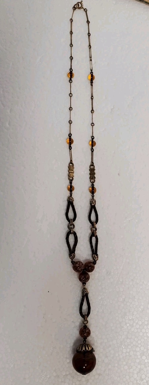 1920s ART DECO ~ LOUIS ROUSSELET Glass & Plaited Leather PENDANT Y NECKLACE
