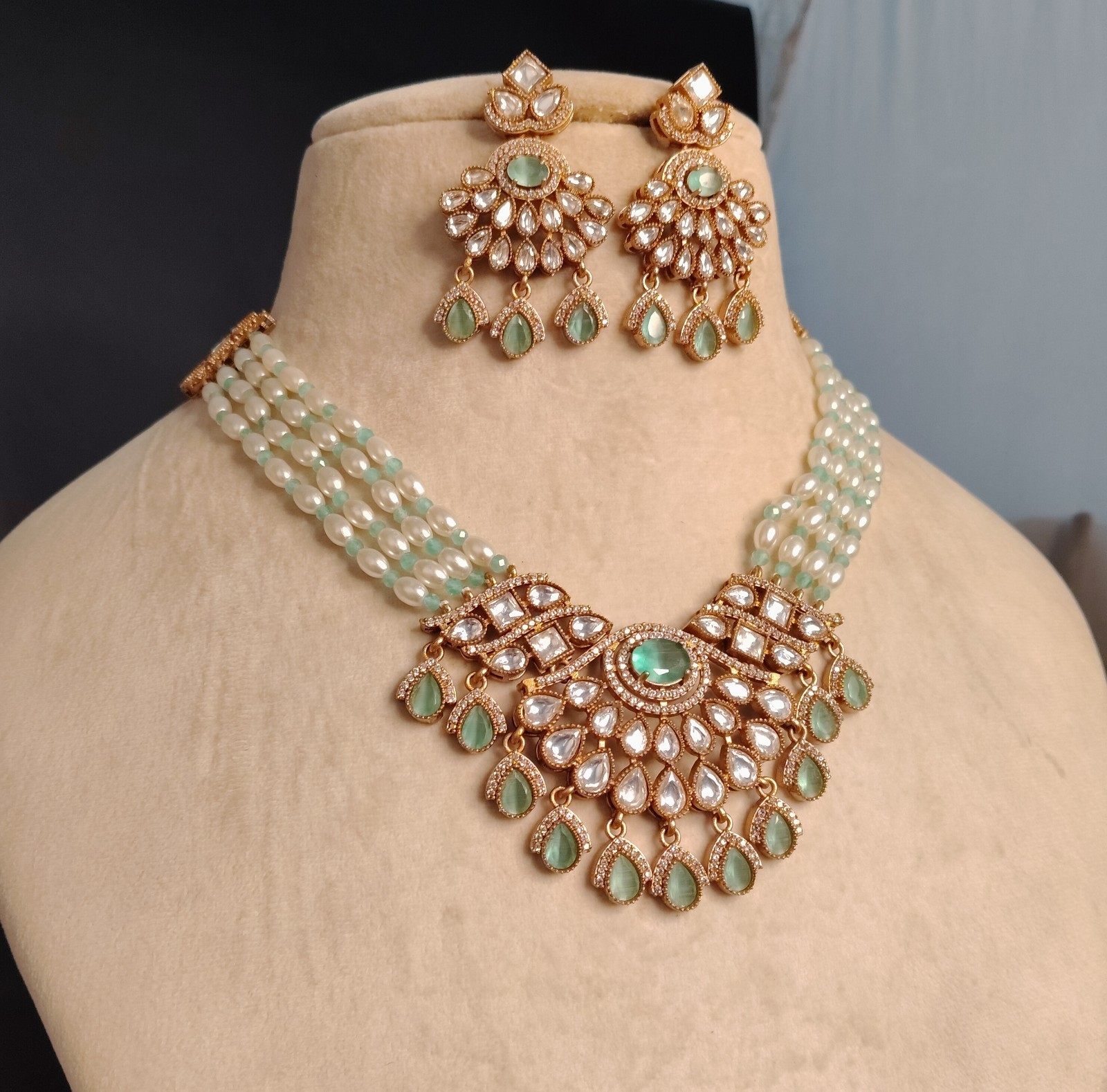 Ayat Mint Green Kundan Pearl Necklace Set with Earrings Roz Jewellers.