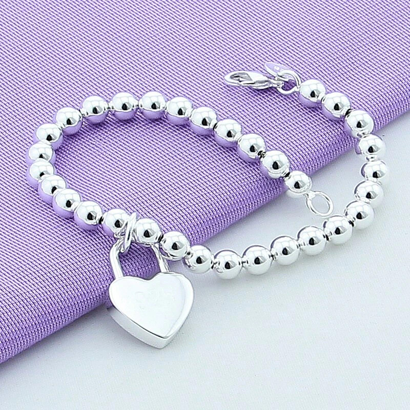 925 Sterling Silver Heart Lock Bead Bracelet 7” long lobster closure