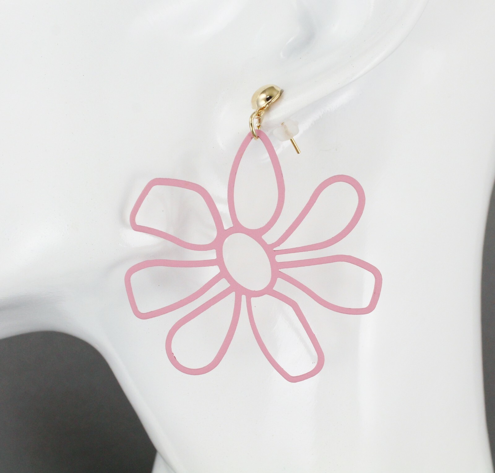 Pink flower earrings post stud dangle floral daisy outline lightweight 1.75″