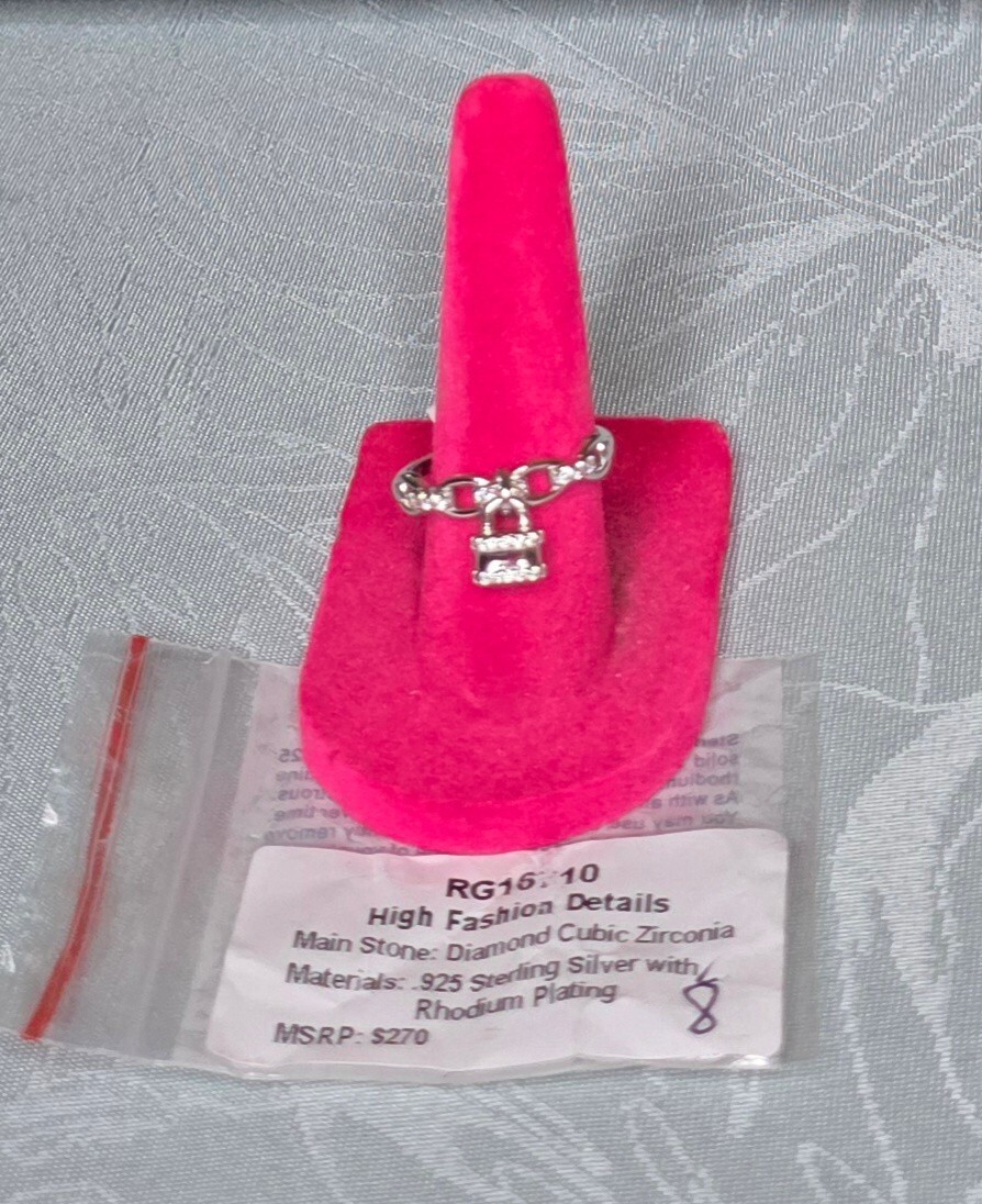High Fashion Details Silver Ring with Cubic Zirconia Lock Charm Sz8