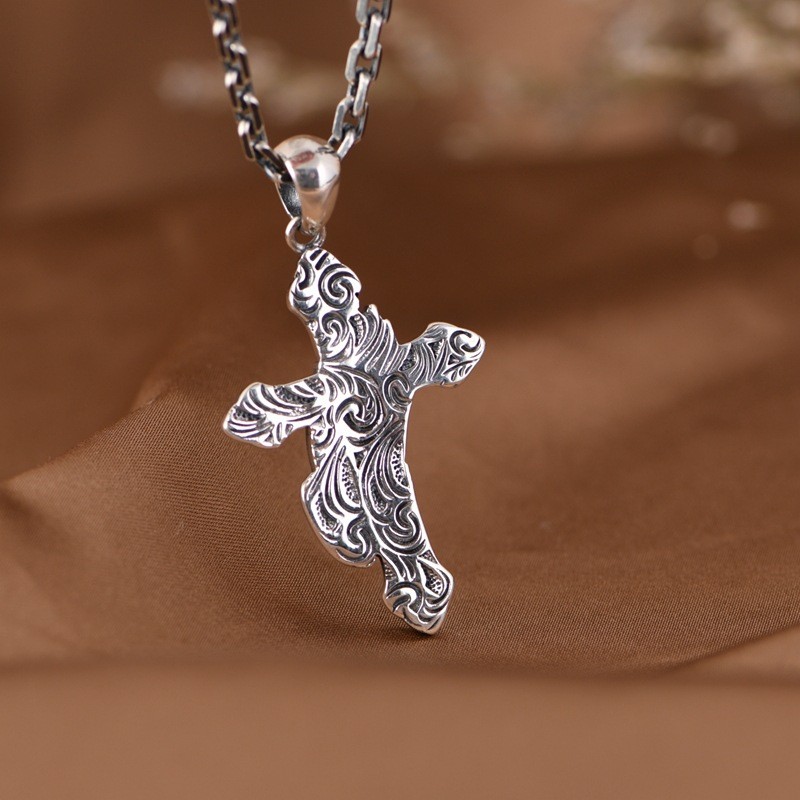S925 Sterling Silver PRAYING HANDS CROSS Pendant REVERSIBLE Rosary Gothic Mens