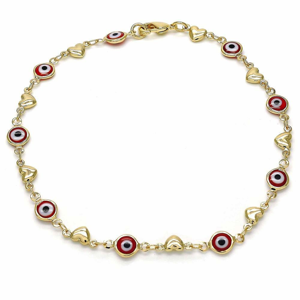14K Gold Filled Multicolor Evil Eye Heart Anklet Protection Envy 10 inches