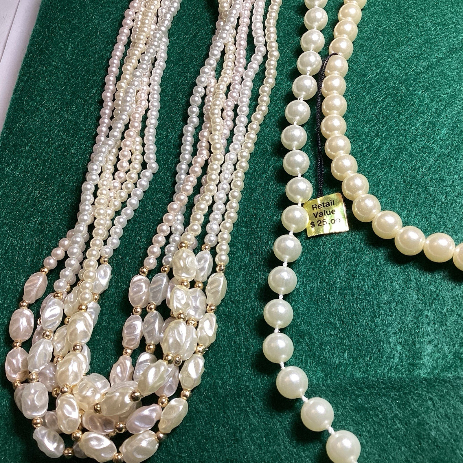 VTG LOT OF 3 FAUX PEARL NECKLACES 1 SIGNED LADY REMMINGTON 21 1/2”, 17 1/2”, 29”
