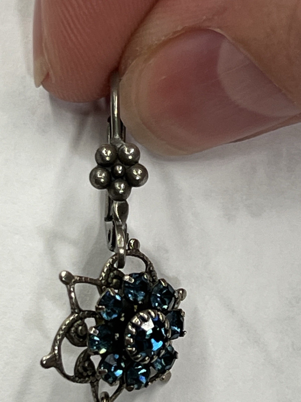 Blue Crystal Flower Dangle Drop Leverback Earrings Silver Tone Metal