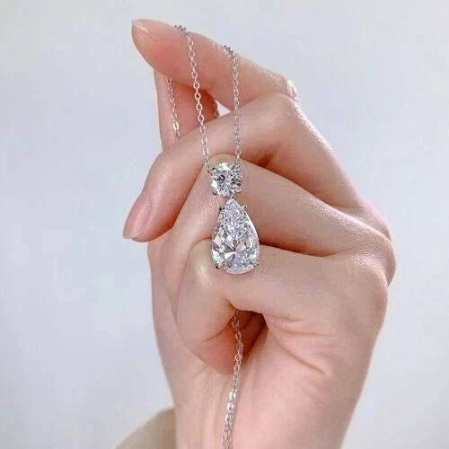 2.5Ct Pear Lab Created Diamond Two Stone Charm Pendant 14K White Gold Plated 18″