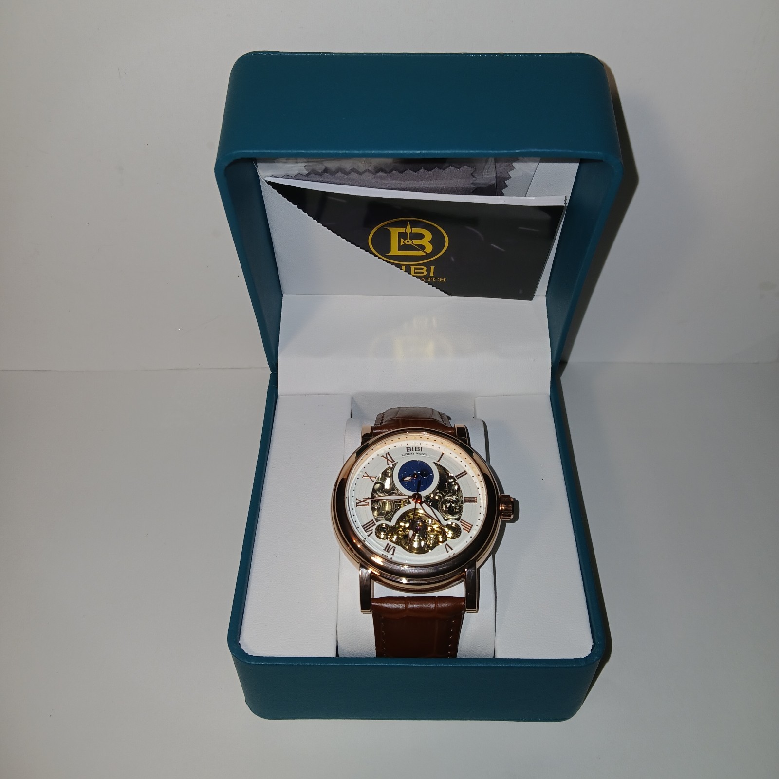 ​BiBi Automatic Watch Skeleton Mechanical Rose Gold Case Brown Leather Moonphase