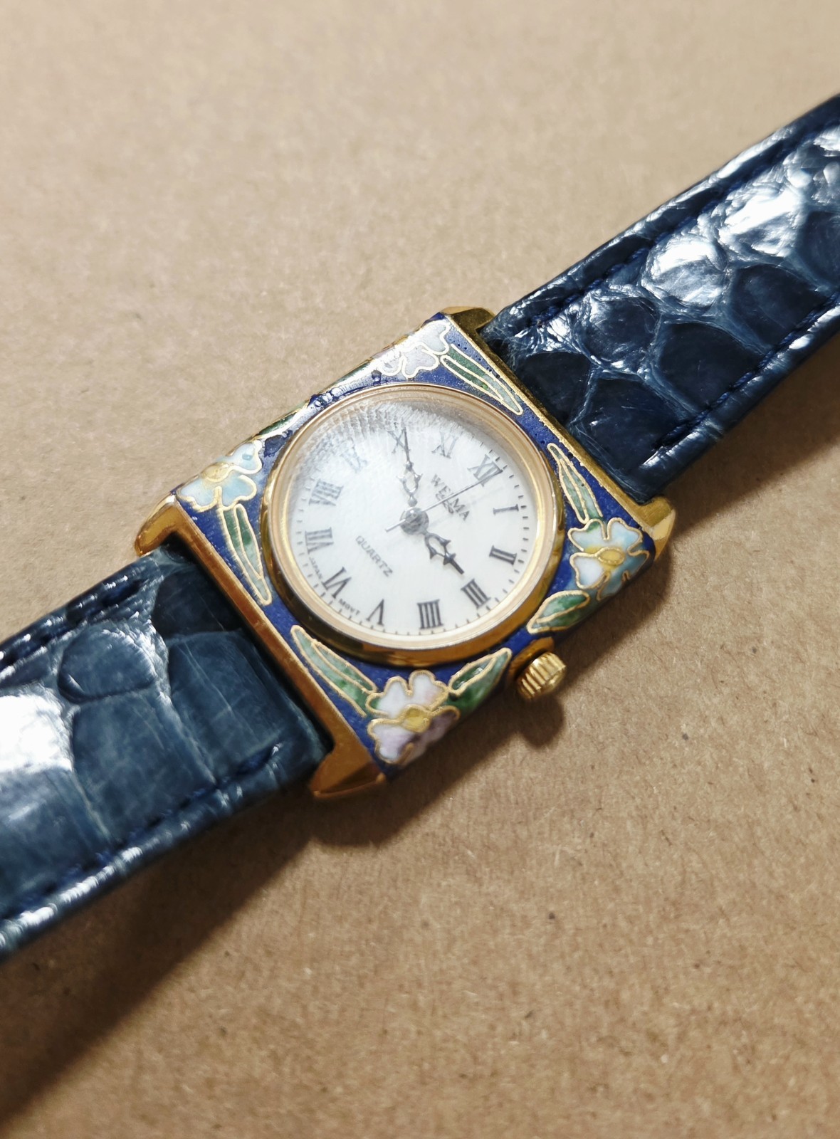 Welma Vintage Wristwatch Floral Cloisonné Enamel Case Square – not tested blue