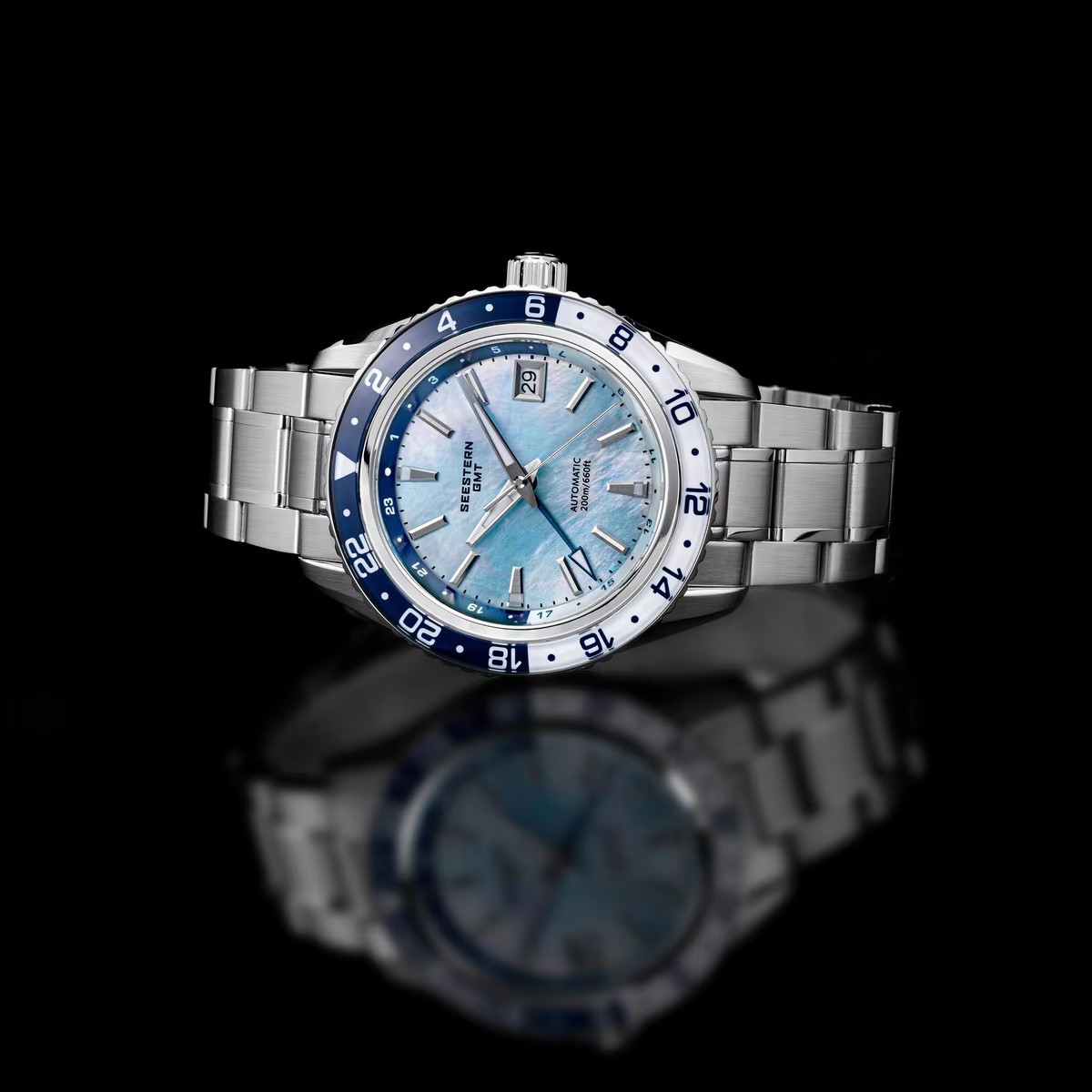 SEESTERN GMT Men Watch Automatic NH34 Sapphire 200M Diver MOP Teal Blue S456