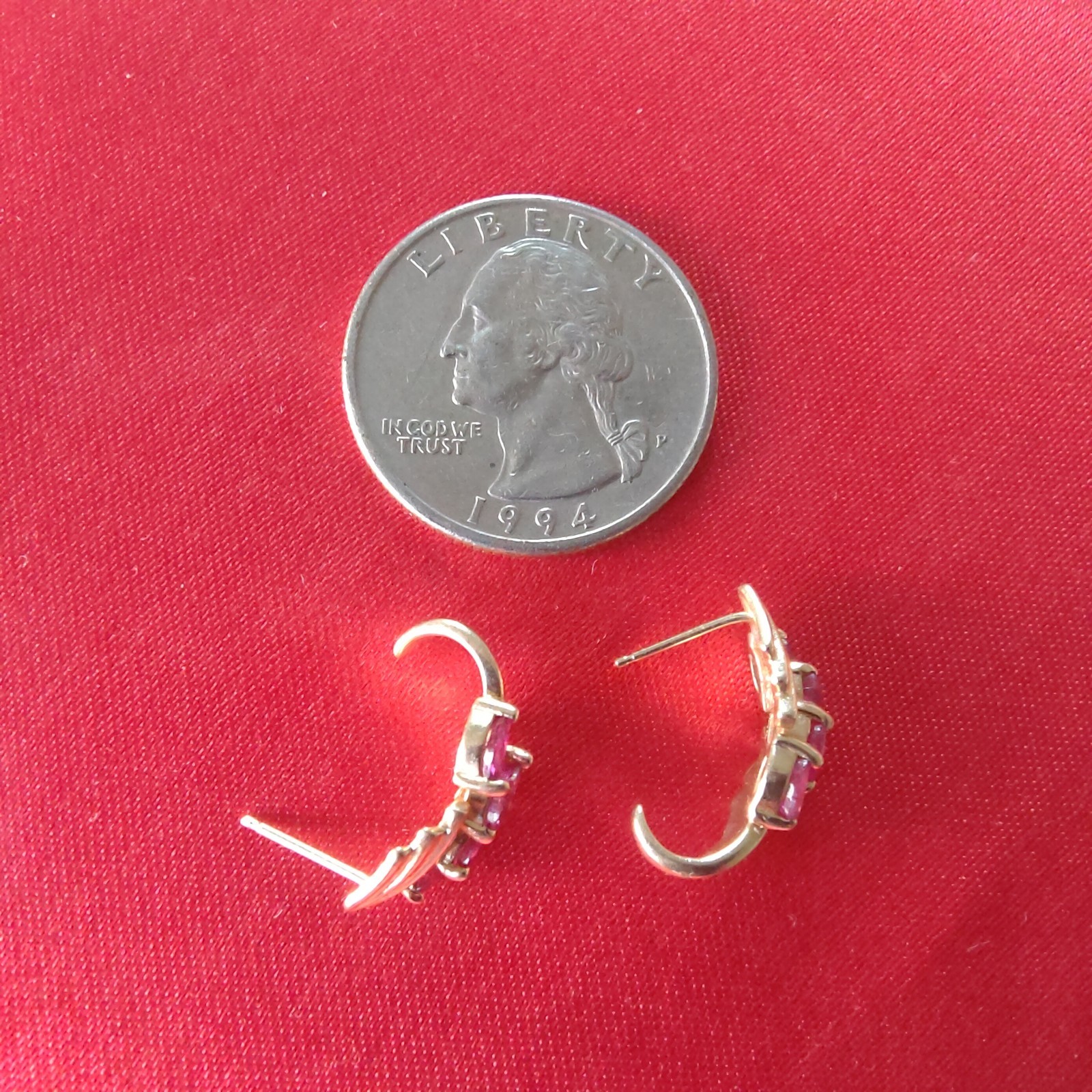 Vintage 14K Yellow Gold Ribbon J-Hoop Earrings Marquise Pink Fuchsia Gemstone 3g