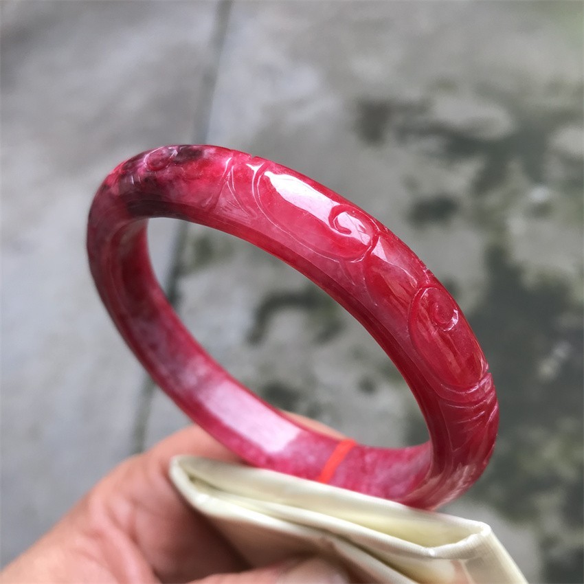 61mm Natural Icy Red Jadeite Jade Bracelet Myanmar Carving Jade Bracelet