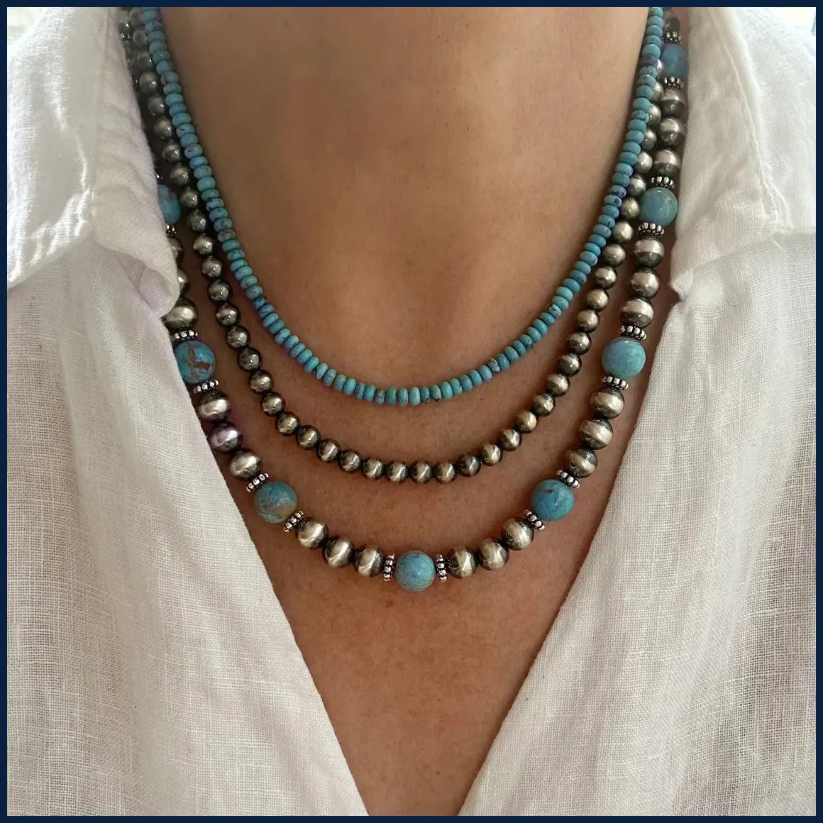 3Pcs Pearl Turquoise Beaded Necklace Set Boho Vintage Choker Women Jewelry