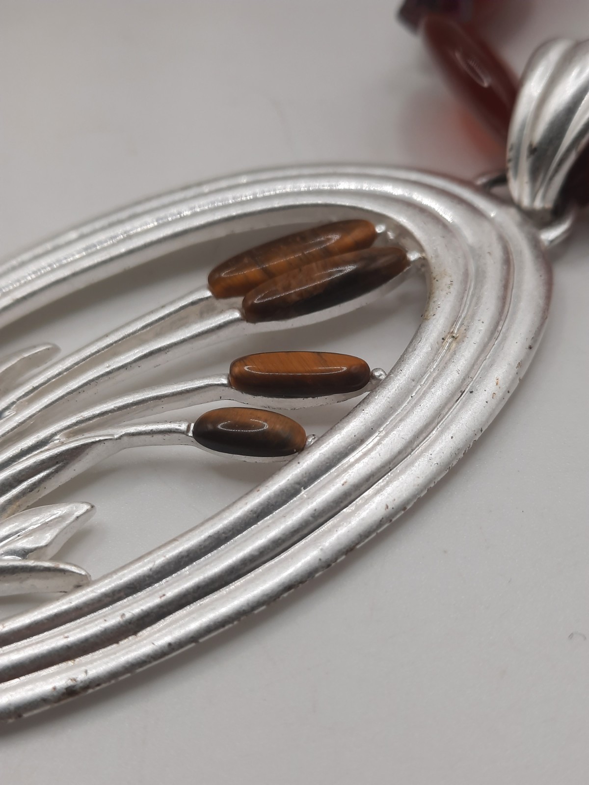 Cattail Pendant Necklace Tigers Eye Carnelian & Garnet Leather Cord 16-18.5″