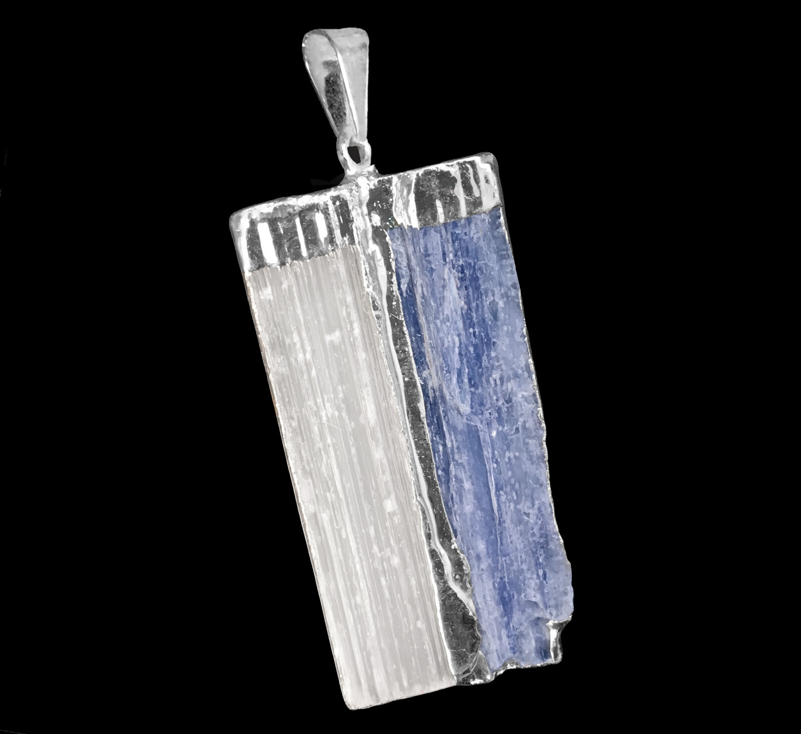Selenite and Blue Kyanite Stacked Pendant Necklace Sterling Silver Chain Heal