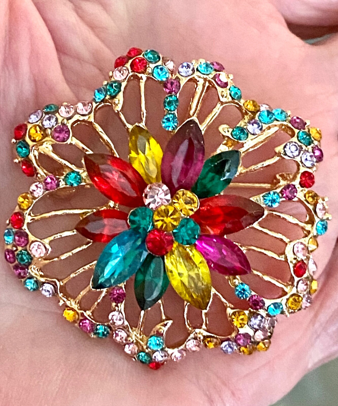 Multicolor Rhinestone Crystal Flower Brooch Pendant 1.95 inches