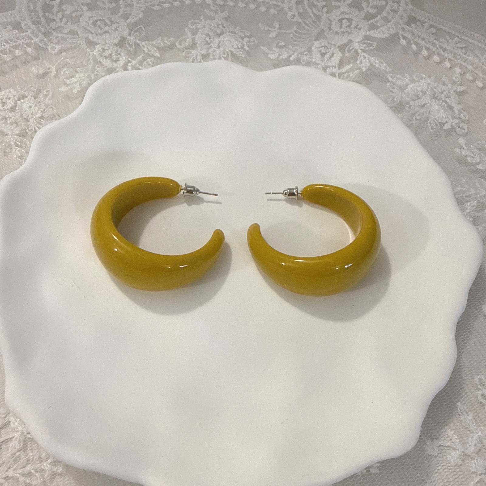 Mustard Yellow Resin Hoop Earrings Silver Plated Post Chunky Minimalist
