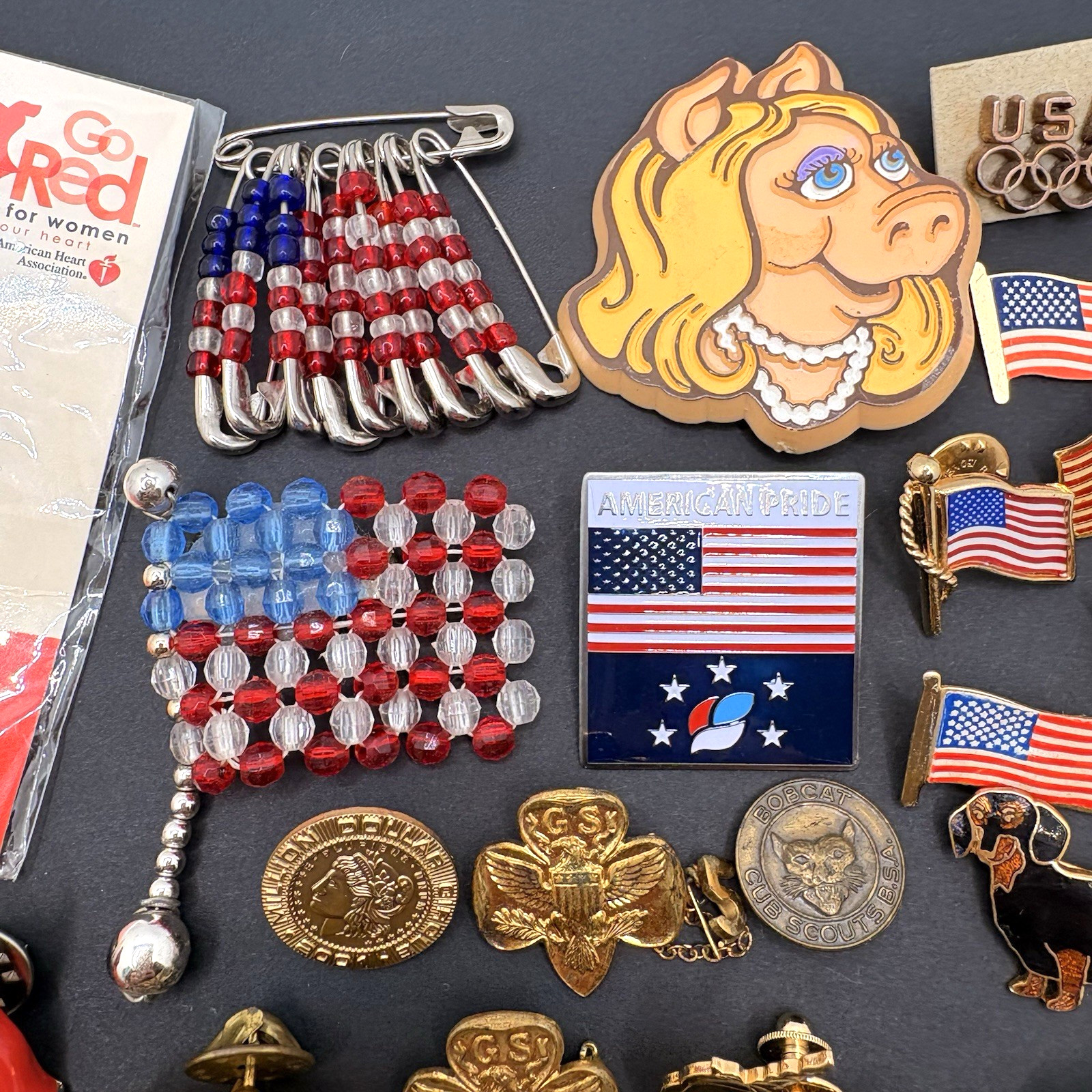 Vintage Lot of Lapel Pins Brooches Flags Enamel Rhinestones Assorted Unsigned