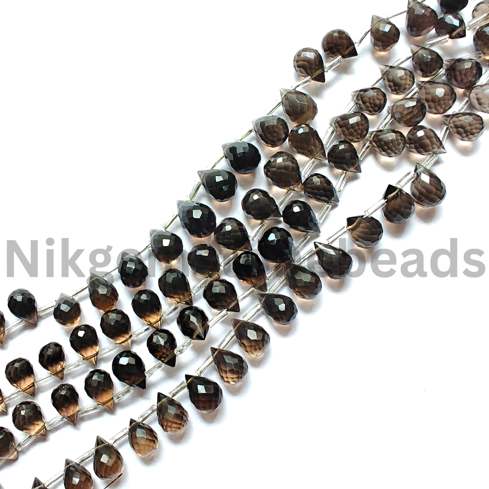 Natural Smokey Quartz Gemstone, Briolette Faceted Drop Cut Beads, 9.25-11.00 MM.