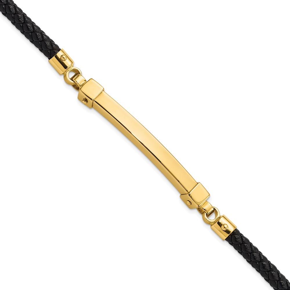 14k Yellow Gold Polished 4mm Bar Braided Black Leather 8 inch Bracelet