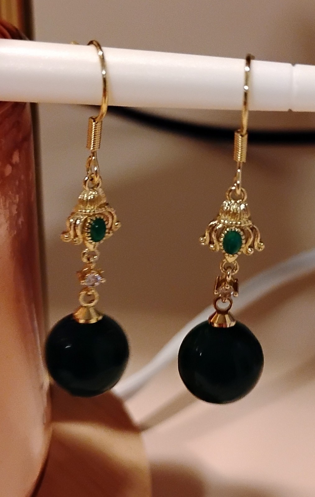 Gold Jade Round Bead Dangle/Drop Hook Earrings , At least 1OK Gold Plated